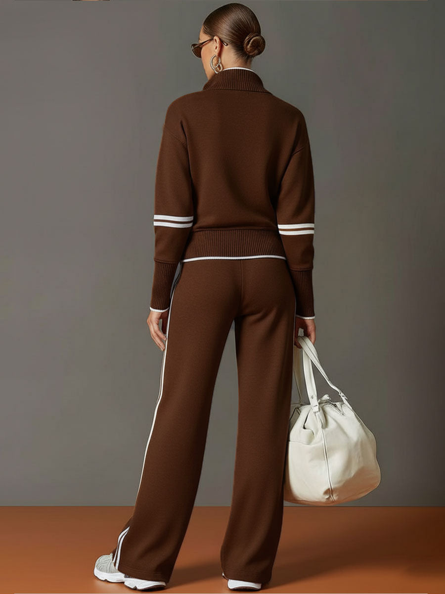 🤩🤩Retro Sporty Webbing Grey-white Half-zip Sweatshirt And Wide-leg Pants Set