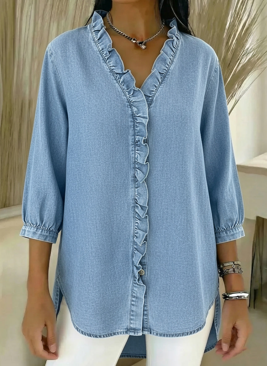 🎁New Arrivals🔥 Women's Casual Denim V-Neck Ruffled Shirt
