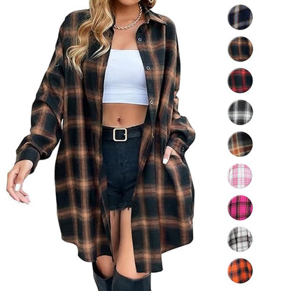 🍂 Women's Long Plaid Flannel Shacket – Button Down Collared Jacket Coat