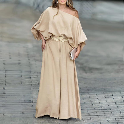 ✨ ✨2026 ChicMe Women's Skew Neck Lantern Sleeve Top & Wide Leg Pants Set – Perfect for Valentine's Day, Wedding & Wedding Guest Looks