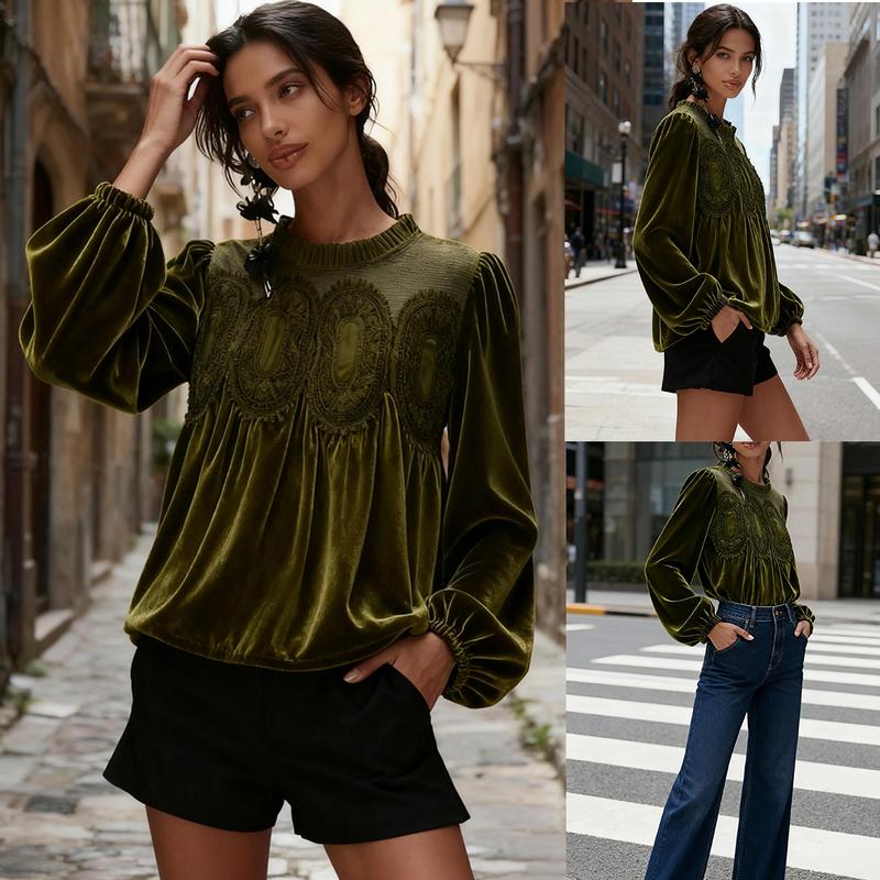 Women’s Velvet Lace Long Sleeve Swing Blouse – Elegant Festive Top for Fall & Winter