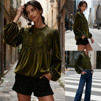 Women’s Velvet Lace Long Sleeve Swing Blouse – Elegant Festive Top for Fall & Winter
