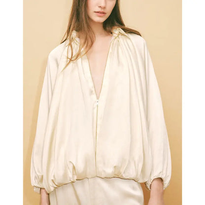 🌙 Women's Puffed Oversized Bomber – Batwing Sleeves, Lapel Collar Zip Jacket, Trendy Street Style
