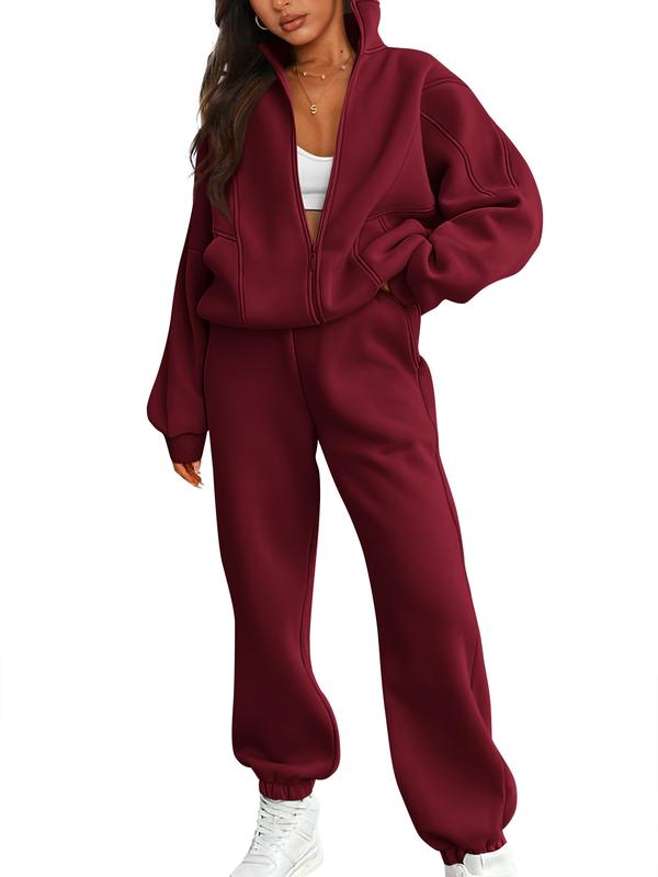 🌿 Women's Fleece Matching Set – Zip Up Sweatshirt & Joggers, Soft Lounge Outfit for Cold Weather
