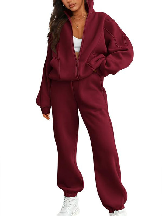 🌿 Women's Fleece Matching Set – Zip Up Sweatshirt & Joggers, Soft Lounge Outfit for Cold Weather