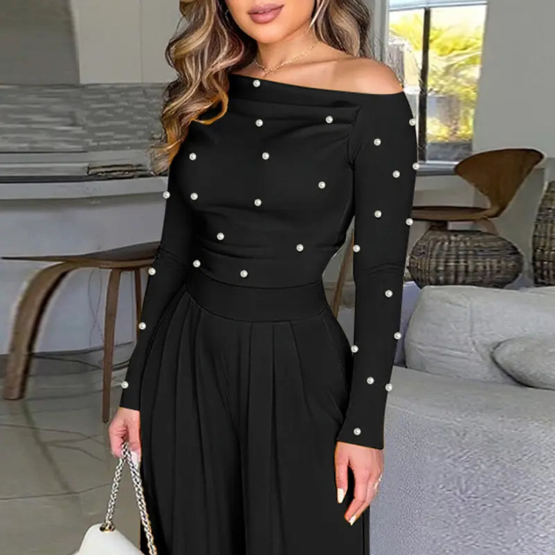 🌹 Women's Chic Pearl Embellished Jumpsuit – Skew Neck, Cinched Waist, Ruched Long Sleeve, Wide Leg