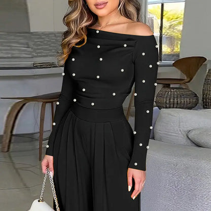 🌹 Women's Chic Pearl Embellished Jumpsuit – Skew Neck, Cinched Waist, Ruched Long Sleeve, Wide Leg