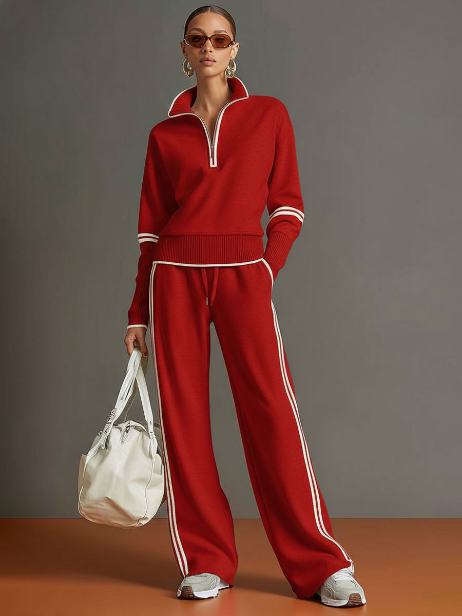 🤩🤩Retro Sporty Webbing Grey-white Half-zip Sweatshirt And Wide-leg Pants Set