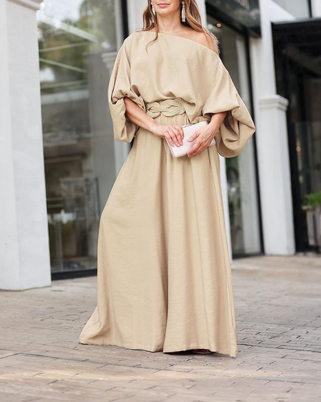 ✨ ✨2026 ChicMe Women's Skew Neck Lantern Sleeve Top & Wide Leg Pants Set – Perfect for Valentine's Day, Wedding & Wedding Guest Looks
