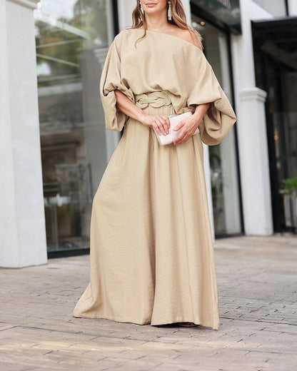 ✨ ✨2026 ChicMe Women's Skew Neck Lantern Sleeve Top & Wide Leg Pants Set – Perfect for Valentine's Day, Wedding & Wedding Guest Looks