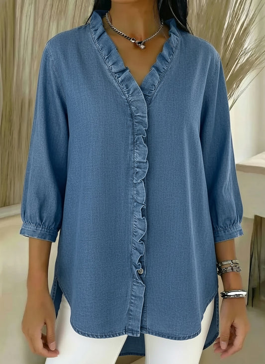 🎁New Arrivals🔥 Women's Casual Denim V-Neck Ruffled Shirt