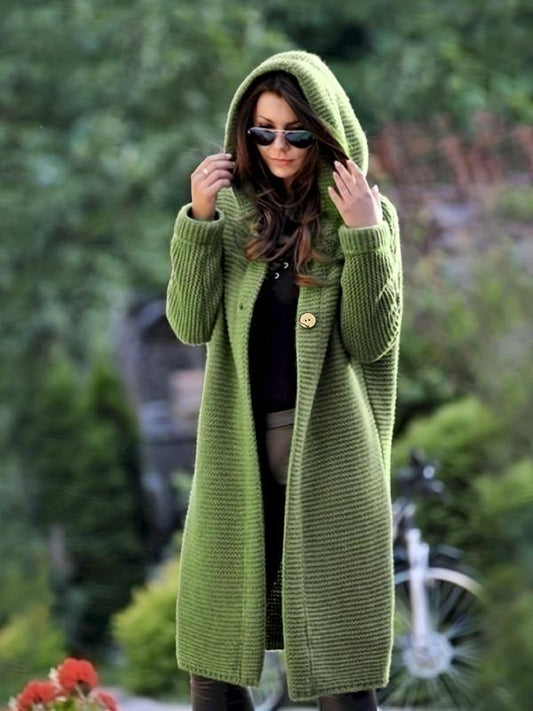 🌾 Women's Plain Textured Hooded Cardigan – Long Knit Button Down Outerwear, Comfy Fall Layer