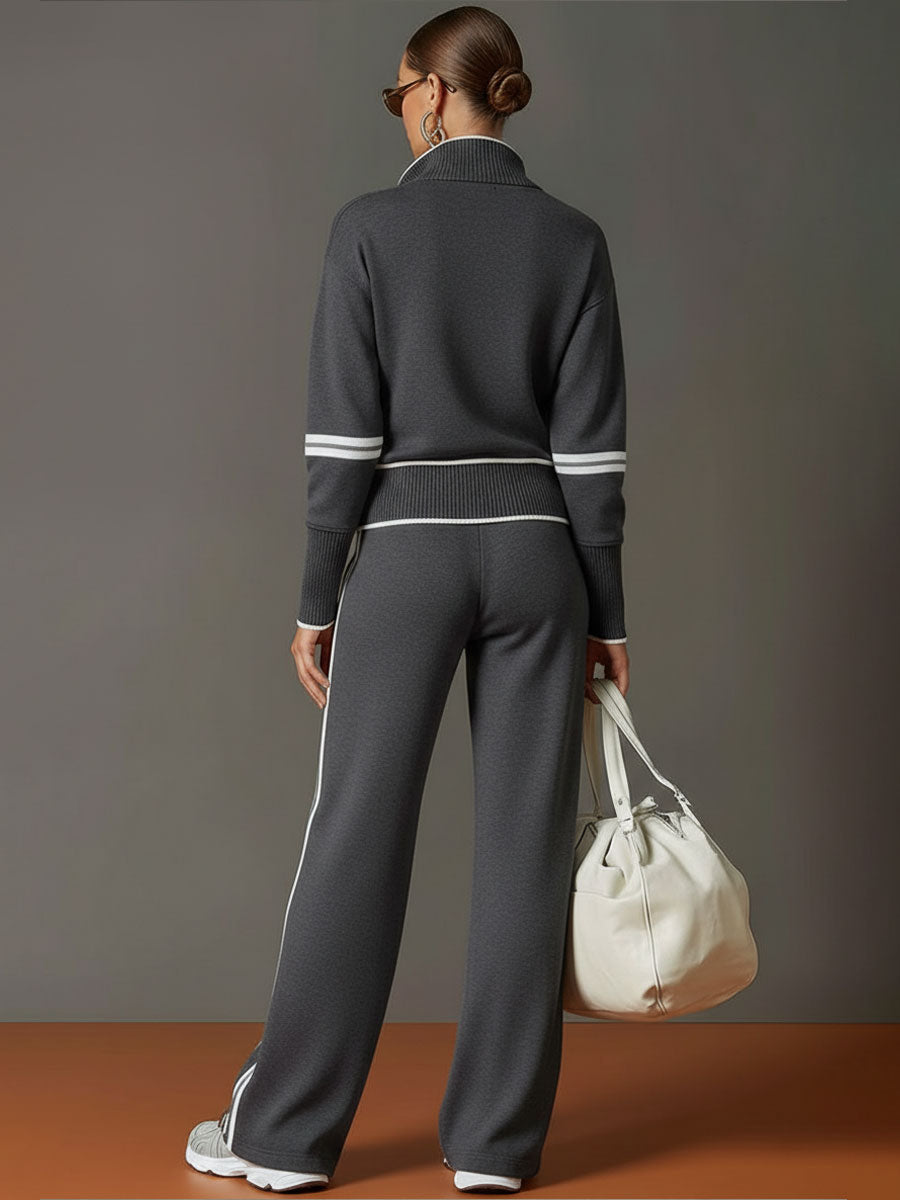 🤩🤩Retro Sporty Webbing Grey-white Half-zip Sweatshirt And Wide-leg Pants Set