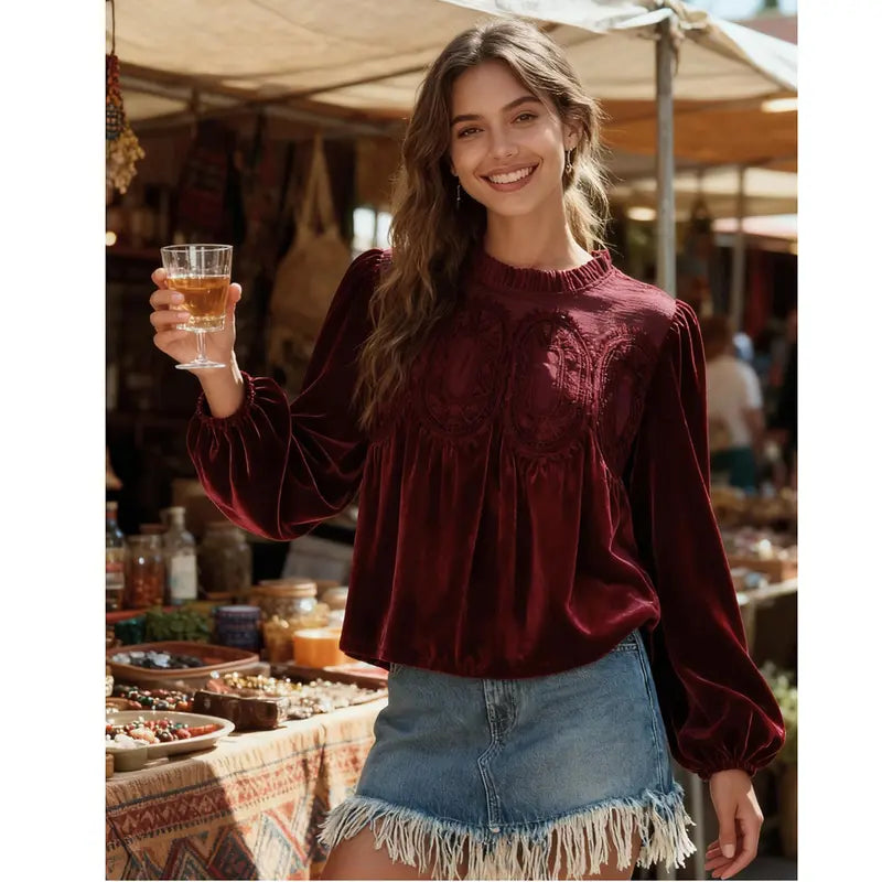 Women’s Velvet Lace Long Sleeve Swing Blouse – Elegant Festive Top for Fall & Winter