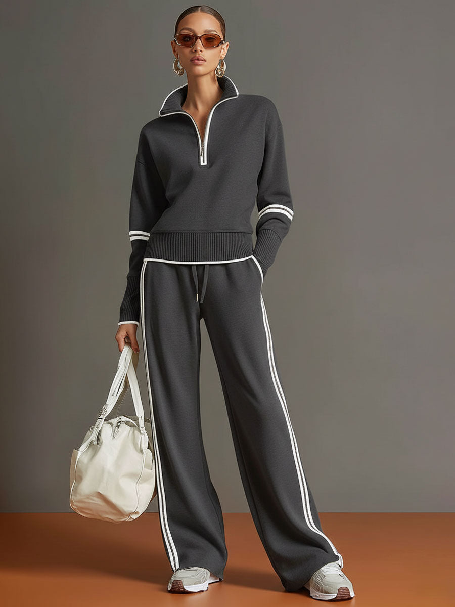 🤩🤩Retro Sporty Webbing Grey-white Half-zip Sweatshirt And Wide-leg Pants Set