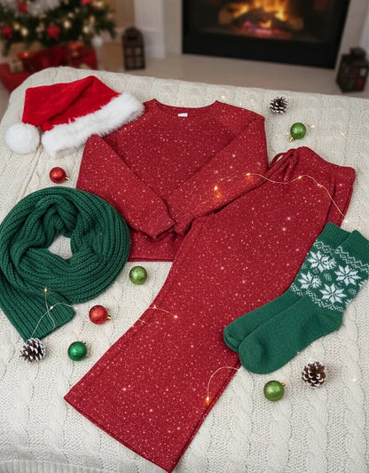 🎄 New Arrival 🔥 Cozy Shimmer Travel Set – Crew Neck Sweatshirt & Pants