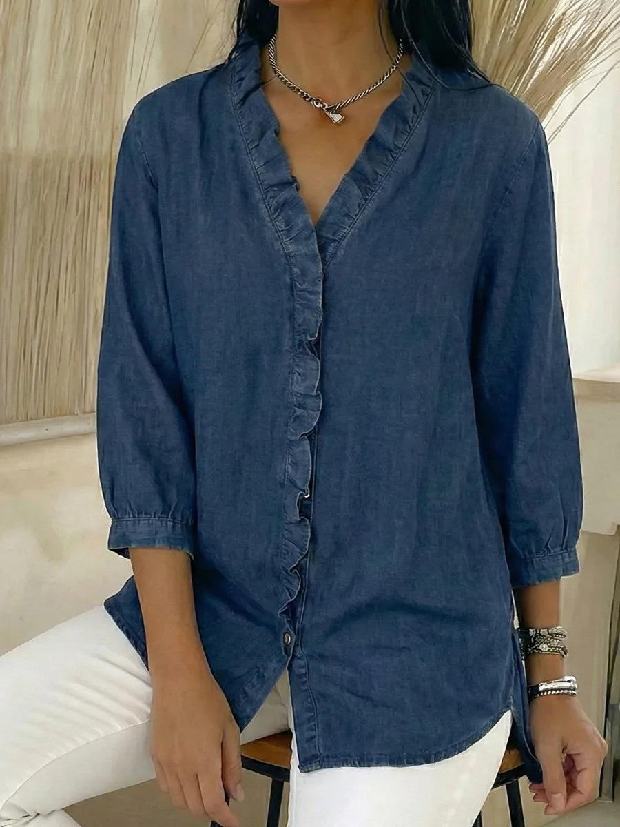 📦📦CLEARANCE SALE🔥Women's Casual Denim V-Neck Ruffled Shirt