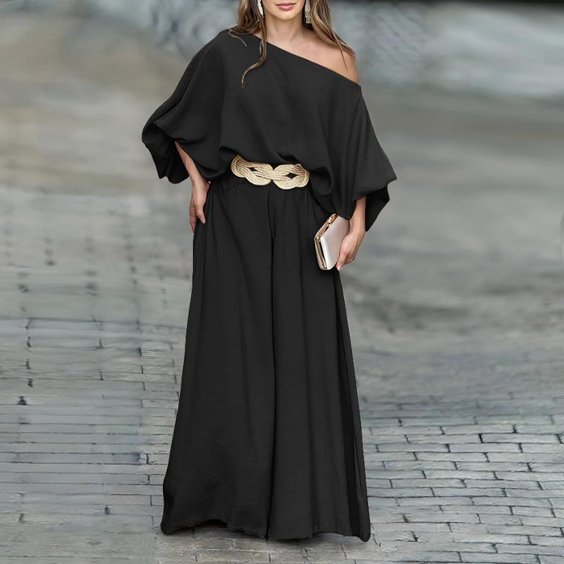 ✨ ✨2026 ChicMe Women's Skew Neck Lantern Sleeve Top & Wide Leg Pants Set – Perfect for Valentine's Day, Wedding & Wedding Guest Looks