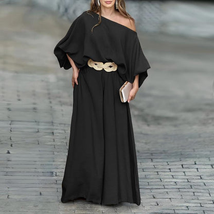 ✨ ✨2026 ChicMe Women's Skew Neck Lantern Sleeve Top & Wide Leg Pants Set – Perfect for Valentine's Day, Wedding & Wedding Guest Looks