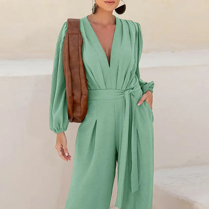 🌿 Women's Puff Sleeve Textured Jumpsuit – Plunge Neck, Waist Tie, Casual Loose Romper with Pockets