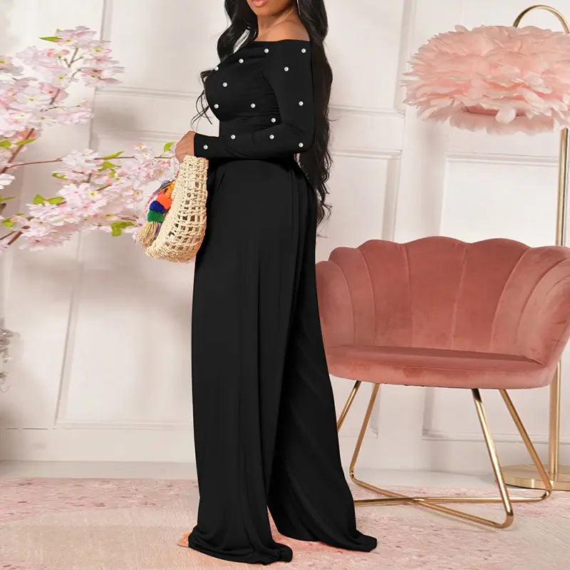 🌹 Women's Chic Pearl Embellished Jumpsuit – Skew Neck, Cinched Waist, Ruched Long Sleeve, Wide Leg