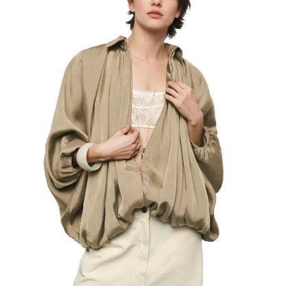 🌙 Women's Puffed Oversized Bomber – Batwing Sleeves, Lapel Collar Zip Jacket, Trendy Street Style