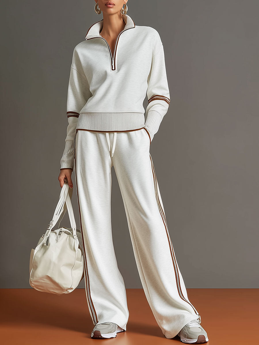 🤩🤩Retro Sporty Webbing Grey-white Half-zip Sweatshirt And Wide-leg Pants Set