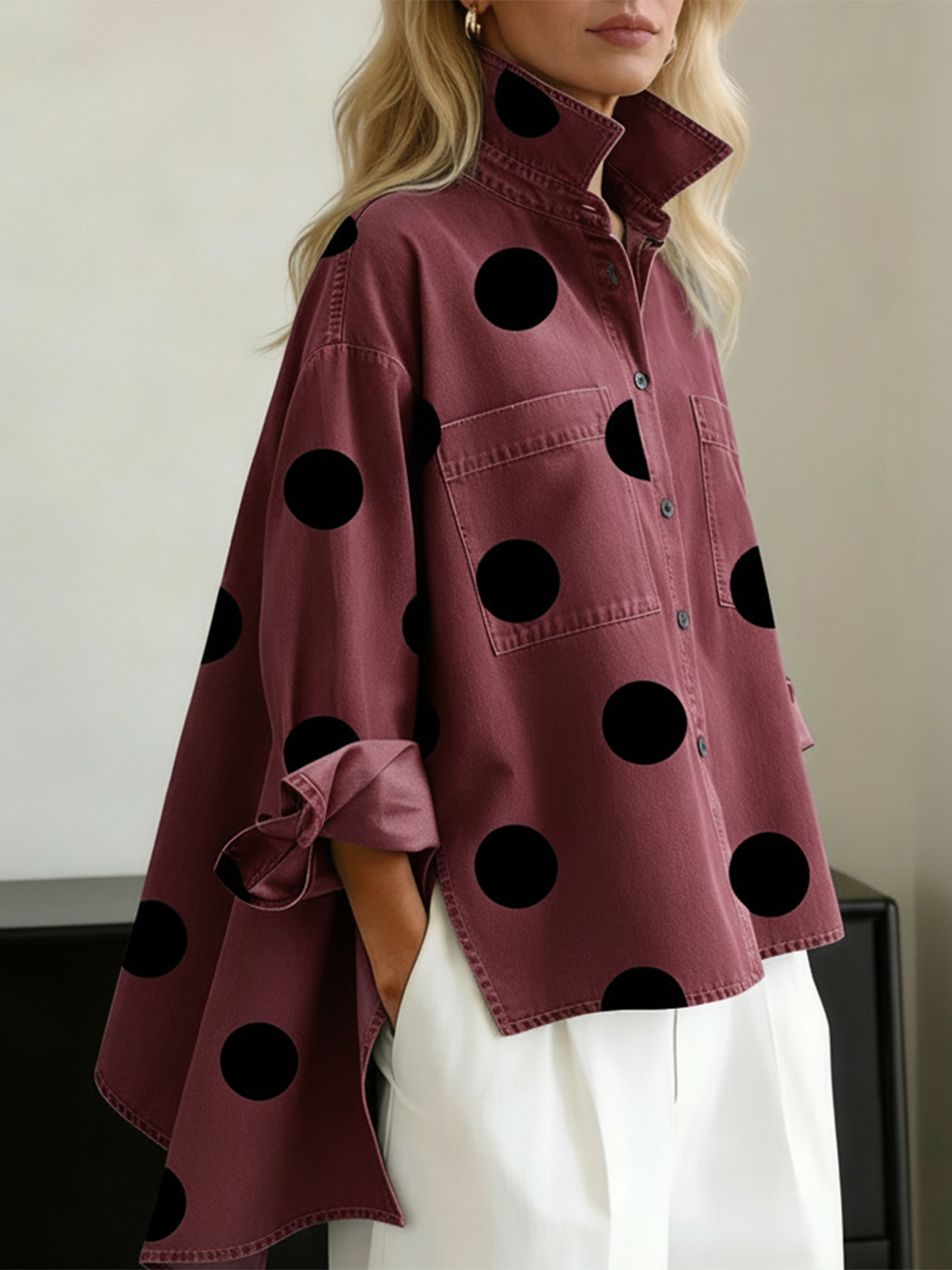 📦📦CLEARANCE SALE🔥Elegant Artistic Polka Dot Print Stand-collar Denim Top