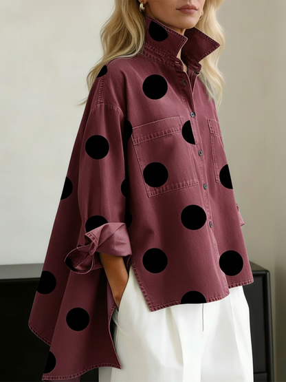 📦📦CLEARANCE SALE🔥Elegant Artistic Polka Dot Print Stand-collar Denim Top