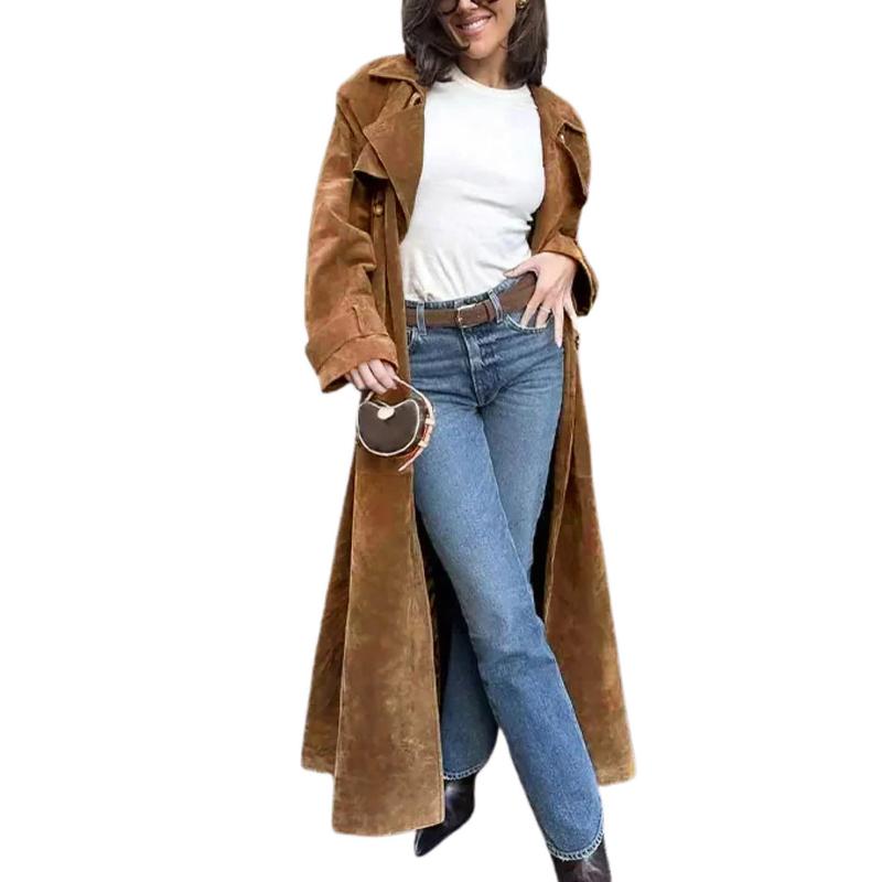 👗✨Women's Faux Suede Long Trench Coat, Double Breasted Pea Coat with Belt