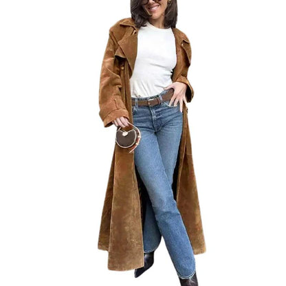 👗✨Women's Faux Suede Long Trench Coat, Double Breasted Pea Coat with Belt
