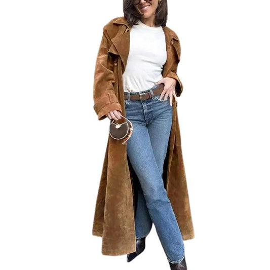 👗✨Women's Faux Suede Long Trench Coat, Double Breasted Pea Coat with Belt