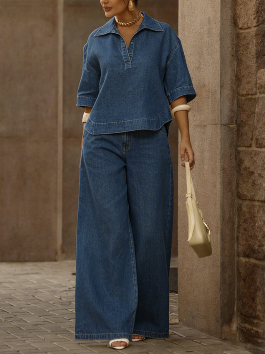 📦📦 New Arrivals🔥Women's Casual 100% Cotton Denim Top And Wide-leg Pants Two-piece Set