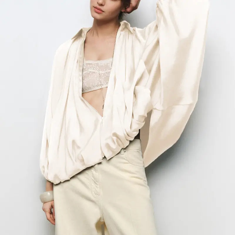 🌙 Women's Puffed Oversized Bomber – Batwing Sleeves, Lapel Collar Zip Jacket, Trendy Street Style