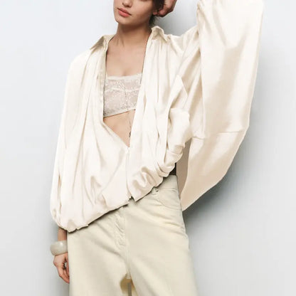 🌙 Women's Puffed Oversized Bomber – Batwing Sleeves, Lapel Collar Zip Jacket, Trendy Street Style