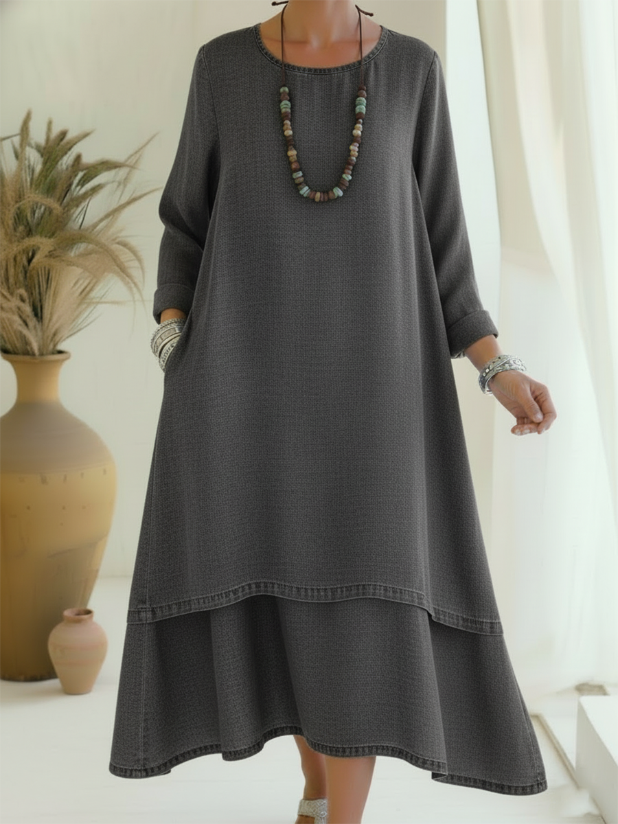 Elegant Double-layered Hem Denim Dress