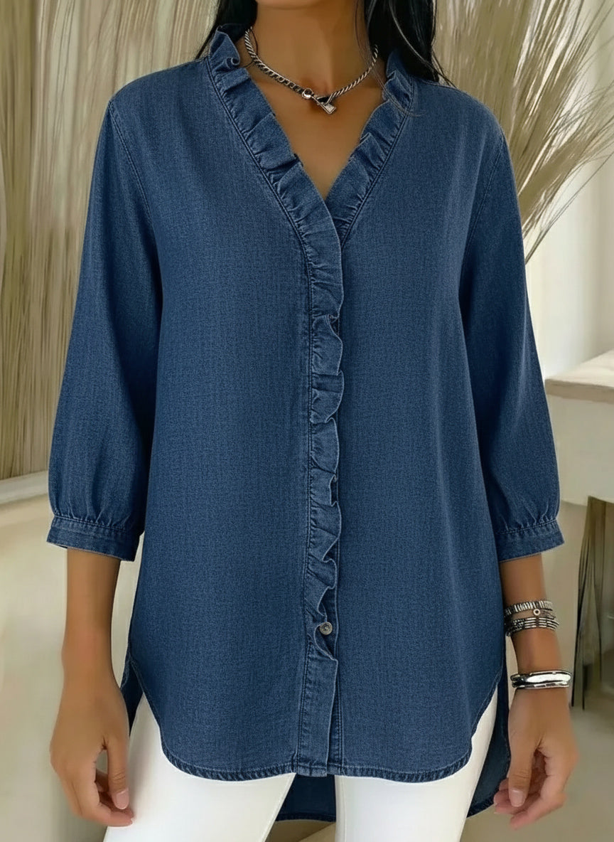 🎁New Arrivals🔥 Women's Casual Denim V-Neck Ruffled Shirt
