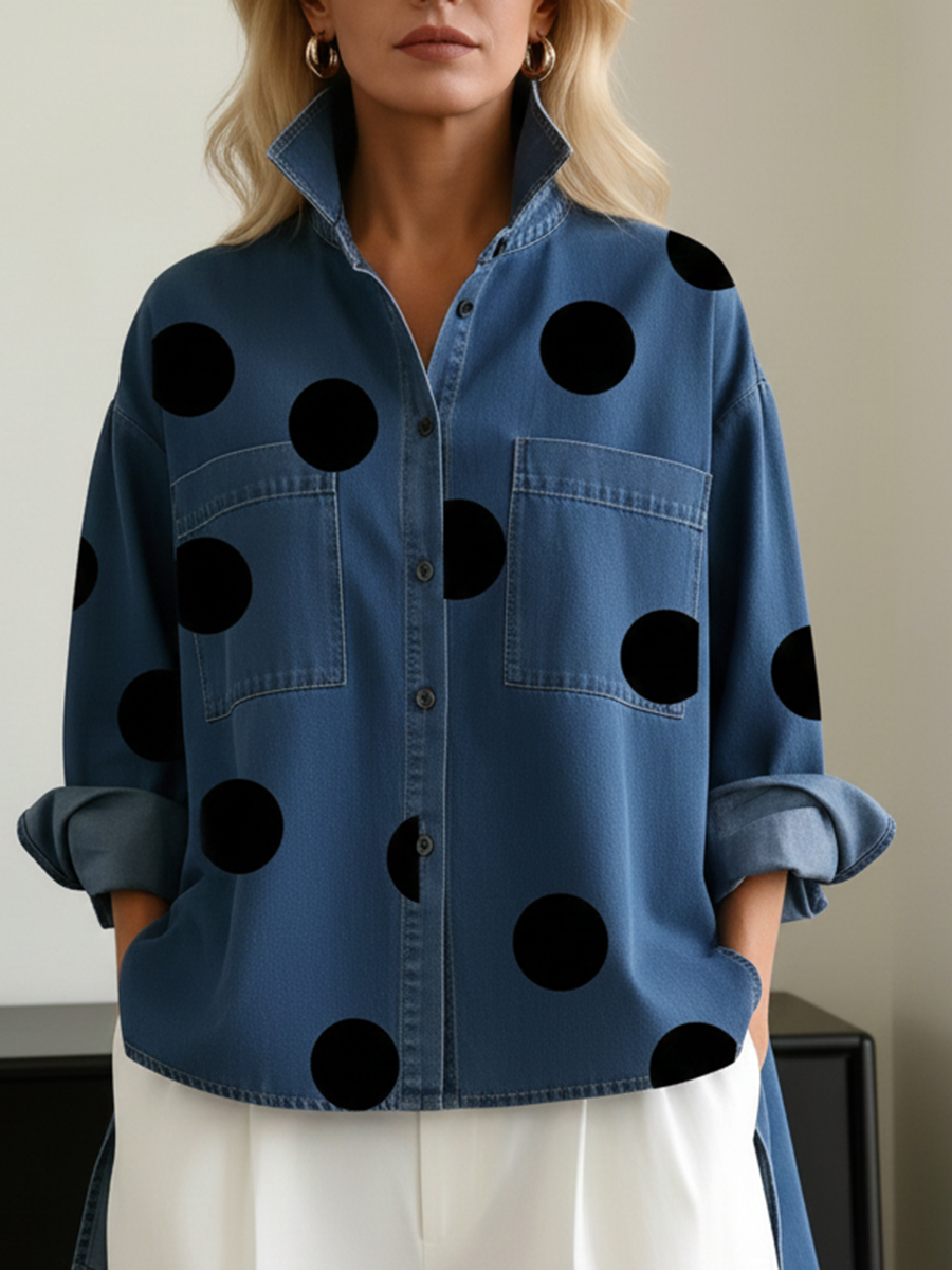 📦📦CLEARANCE SALE🔥Elegant Artistic Polka Dot Print Stand-collar Denim Top