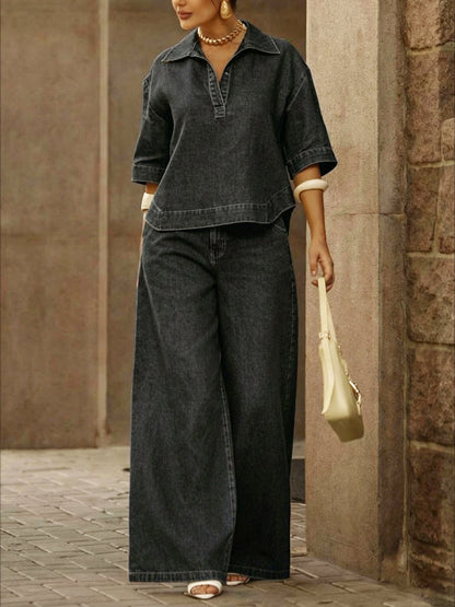 📦📦 New Arrivals🔥Women's Casual 100% Cotton Denim Top And Wide-leg Pants Two-piece Set