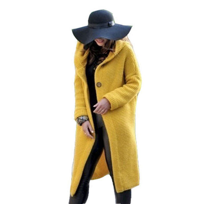 🌾 Women's Plain Textured Hooded Cardigan – Long Knit Button Down Outerwear, Comfy Fall Layer