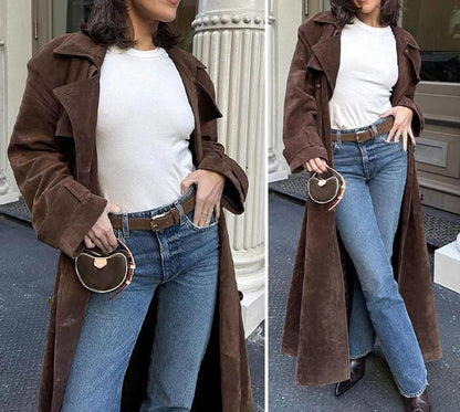 👗✨Women's Faux Suede Long Trench Coat, Double Breasted Pea Coat with Belt