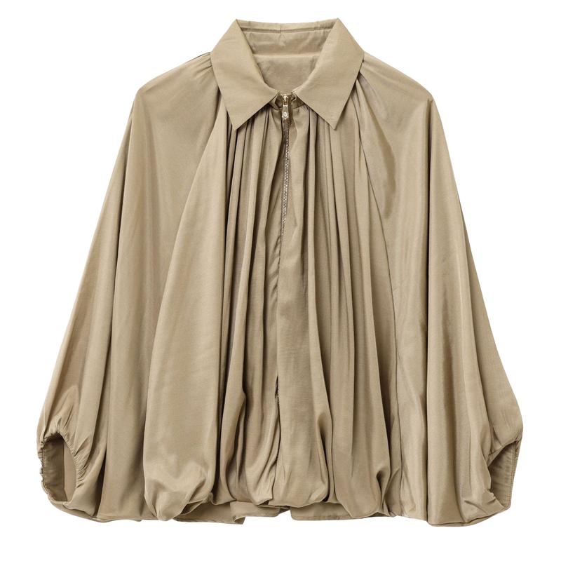 🌙 Women's Puffed Oversized Bomber – Batwing Sleeves, Lapel Collar Zip Jacket, Trendy Street Style