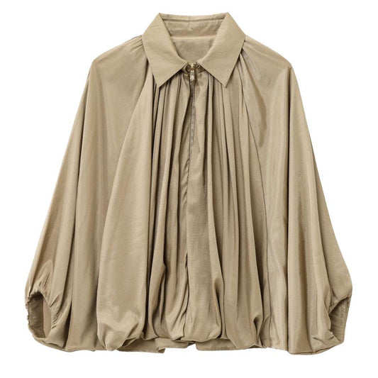 🌙 Women's Puffed Oversized Bomber – Batwing Sleeves, Lapel Collar Zip Jacket, Trendy Street Style