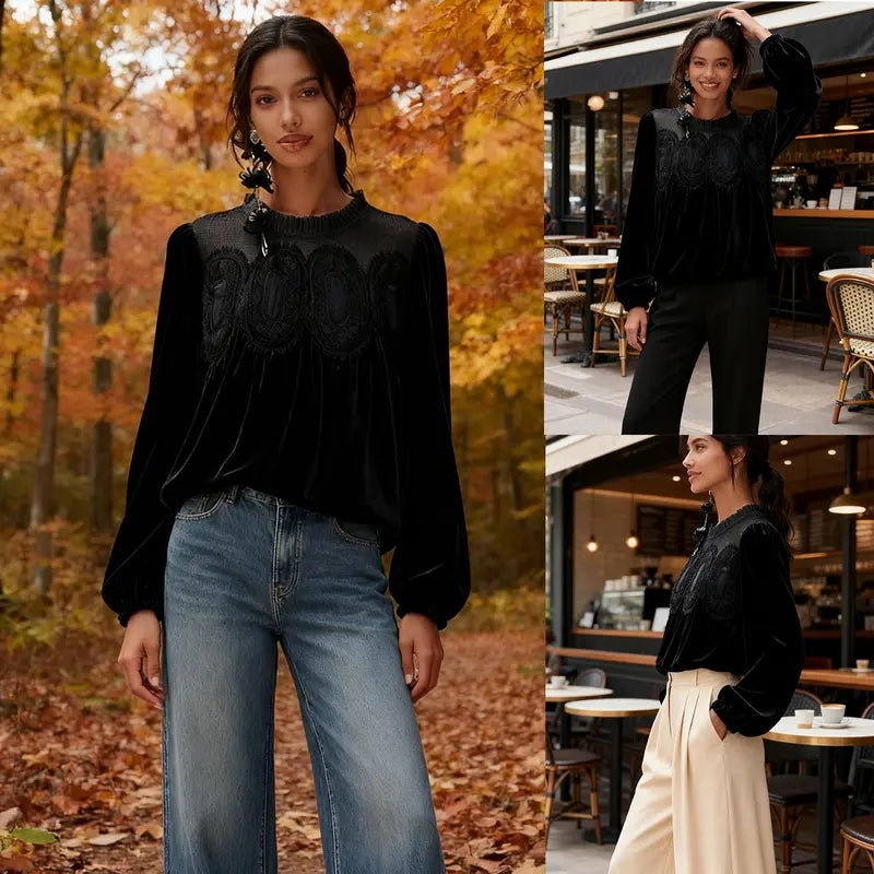 Women’s Velvet Lace Long Sleeve Swing Blouse – Elegant Festive Top for Fall & Winter
