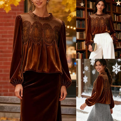 Women’s Velvet Lace Long Sleeve Swing Blouse – Elegant Festive Top for Fall & Winter