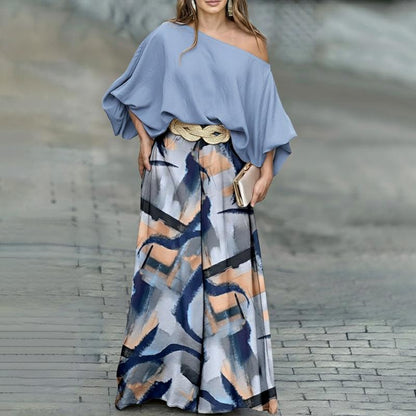 ✨ ✨2026 ChicMe Women's Skew Neck Lantern Sleeve Top & Wide Leg Pants Set – Perfect for Valentine's Day, Wedding & Wedding Guest Looks