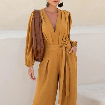 🌿 Women's Puff Sleeve Textured Jumpsuit – Plunge Neck, Waist Tie, Casual Loose Romper with Pockets