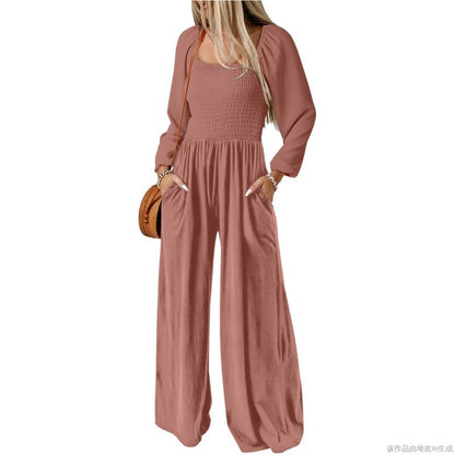 🔥Women's Casual Loose Wide-Leg Jumpsuit – Long Sleeve One-Piece Romper with Pockets