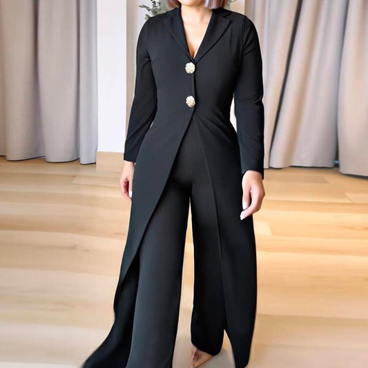 💫 Long Sleeve Notched Collar Jumpsuit for Women — Chic Wide-Leg One-Piece