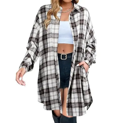 🍂 Women's Long Plaid Flannel Shacket – Button Down Collared Jacket Coat